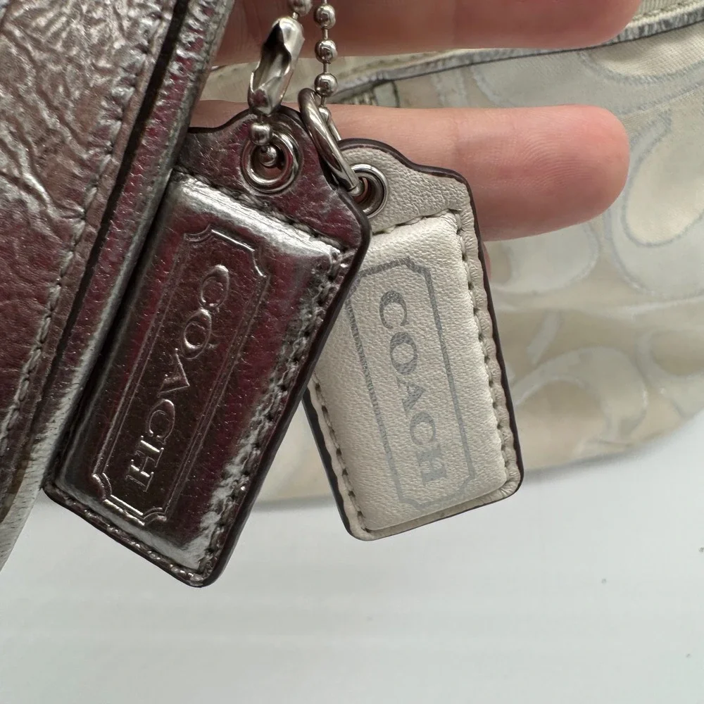 Vintage COACH Poppy Signature Sateen Glam Tote Bag White Silver Metallic 17x14